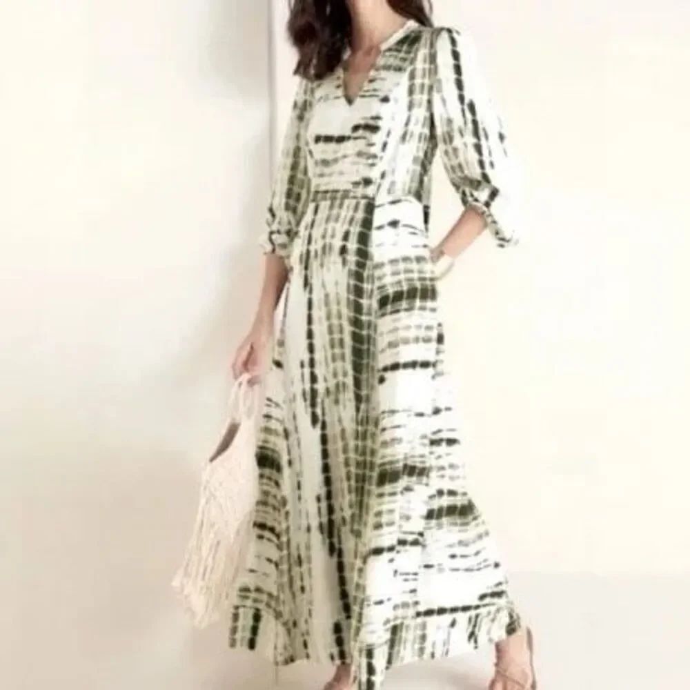 Soft Surroundings Green White Alejandra Tie Dye Boho Maxi Dress Size Small